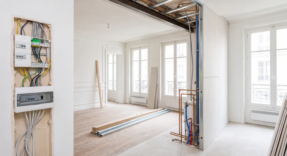 Photographie d'un chantier de rénovation résidentielle en cours, montrant un intérieur où plusieurs professionnels (électricien, chauffagiste, plombier) travaillent simultanément sur différents éléments : installation de câblage électrique visible sur les murs, tuyauterie de chauffage ou sanitaire en cours de pose, et équipements de rénovation partiellement installés. La scène doit montrer clairement la coordination entre les différents corps de métier travaillant harmonieusement sur un même chantier, illustrant l'approche globale et unifiée de NéoVolt.