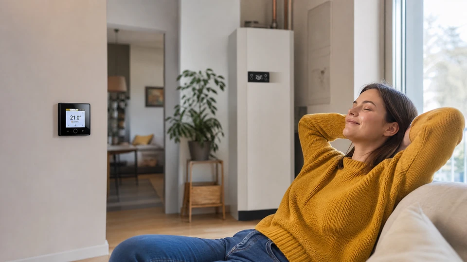 Un technicien utilise une tablette pour régler les Paramètres d'une pompe à chaleur externe à l'extérieur d'une maison