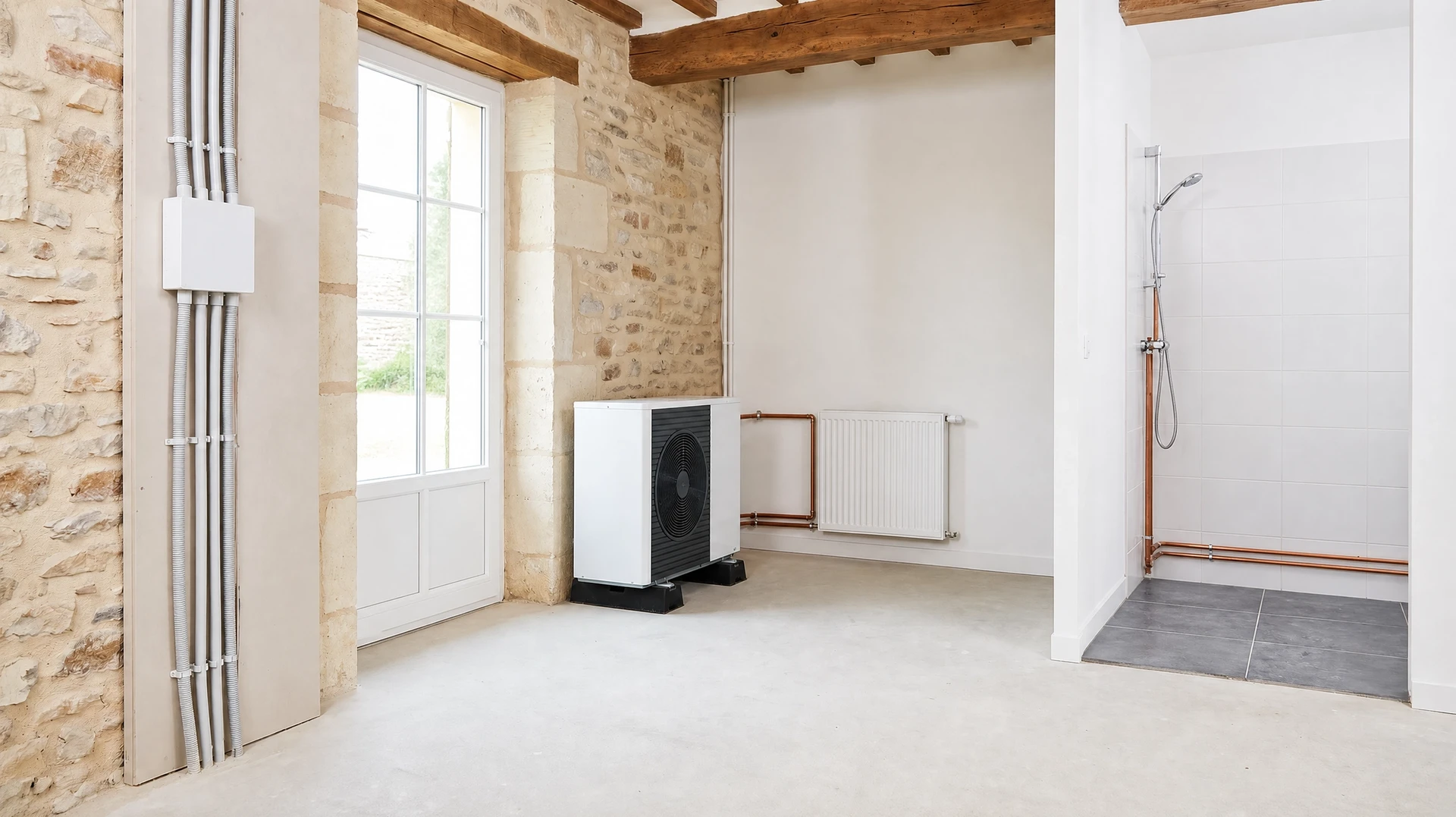 Photographie professionnelle montrant une équipe de techniciens multidisciplinaires au travail coordonné sur un chantier de rénovation intérieure : au premier plan, un électricien sur un mur installant des gaines et prises électriques ; au second plan, un chauffagiste travaillant sur une pompe à chaleur ou un radiateur ; et dans une autre zone, un plombier en installation sanitaire. La scène doit montrer clairement la coordination et la complémentarité des équipes, dans un intérieur résidentiel en rénovation, avec éléments visibles indiquant les trois domaines de compétence (électrique, thermique, sanitaire).